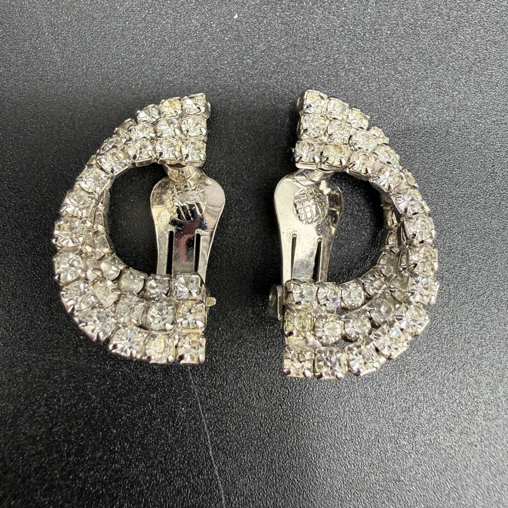 Vintage Kramer Rhinestone Clip On Earrings Silver Tone Signed READ